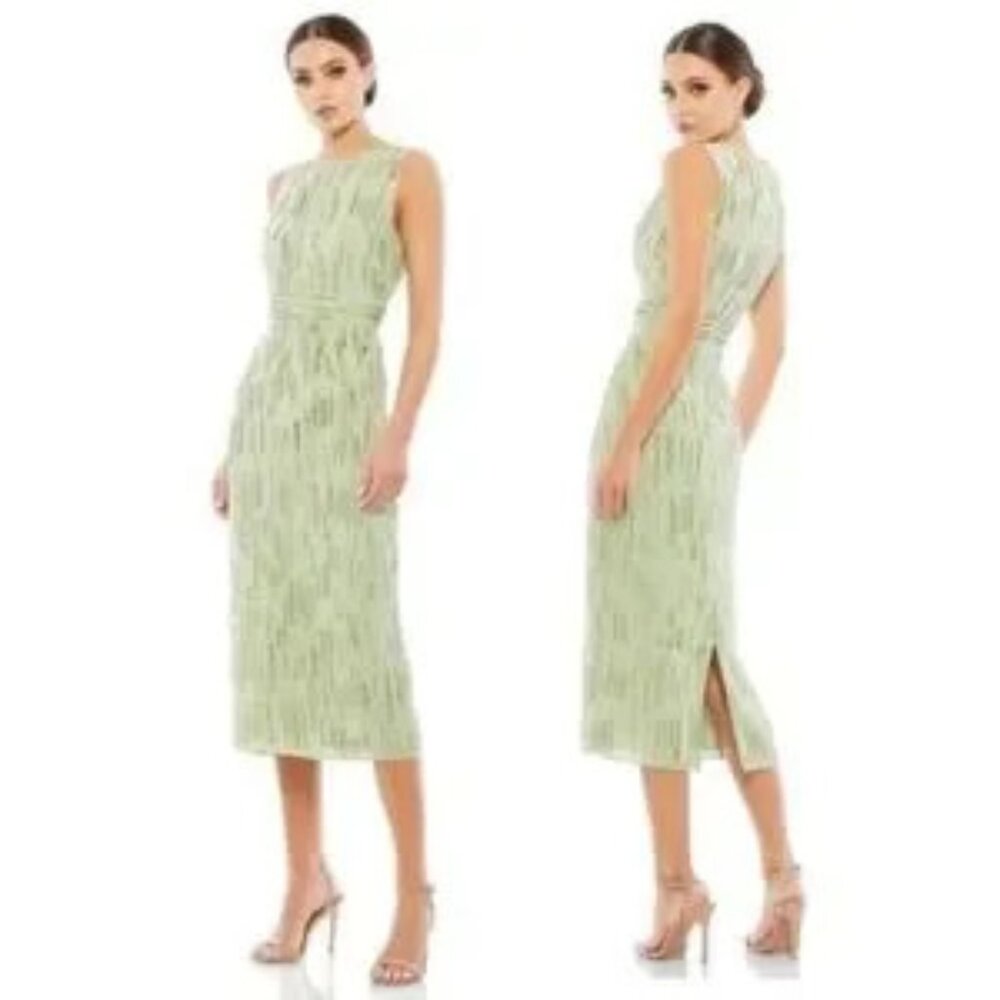 Mac Duggal Abstract Beaded Sleeveless Midi Dress